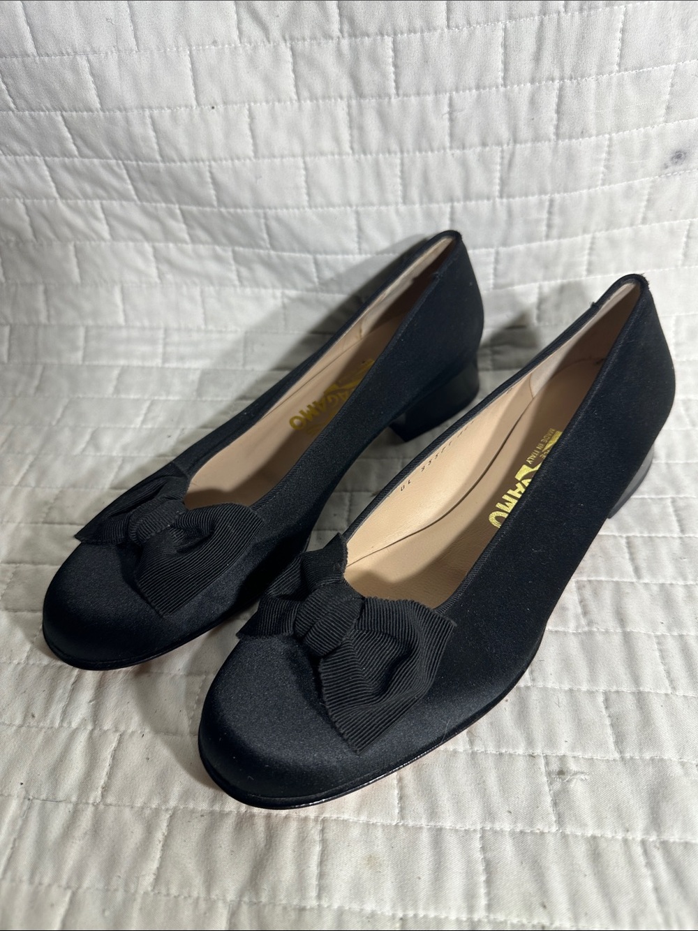 Salvatore Ferragamo Satin Black Bow Accent Women's Low Heel Pumps